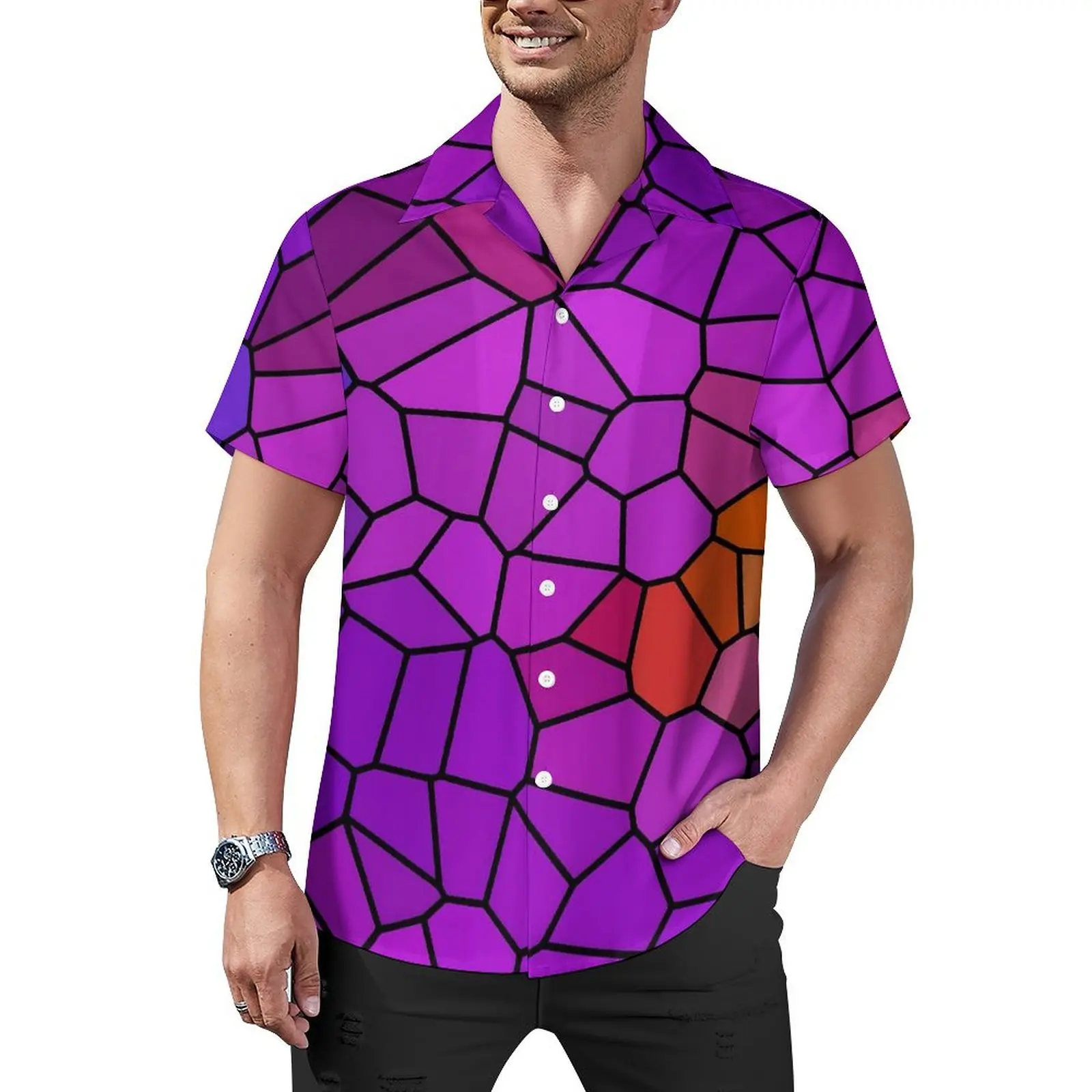 Geometric Hawaii Shirt  Male Vacation Stained Glass Abstract Art Casual Shirts Short Sleeve Streetwear Novelty Oversized Blouses