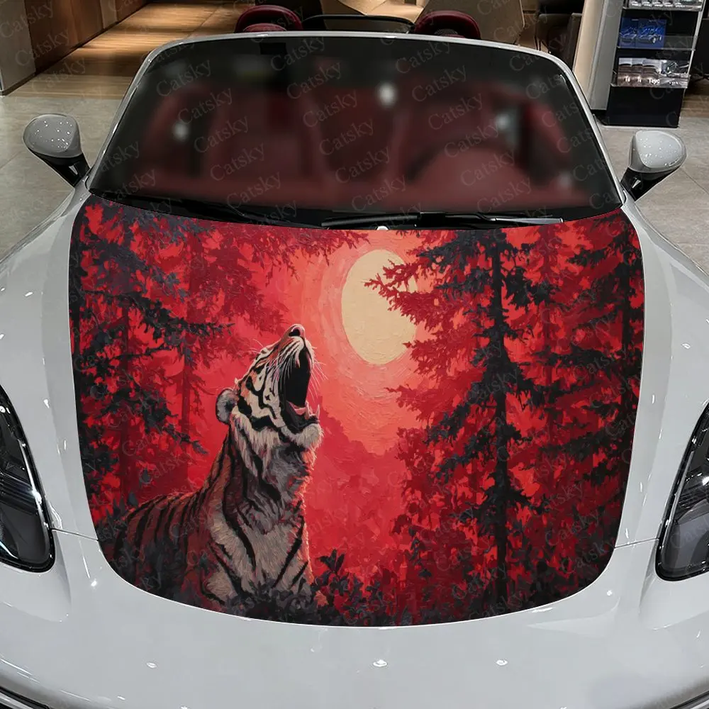 Romantic Red Forest Tiger Car Hood Stickers - Self-Adhesive, Waterproof and Durable Vinyl Wrap, Decorate And Protect Your Car -