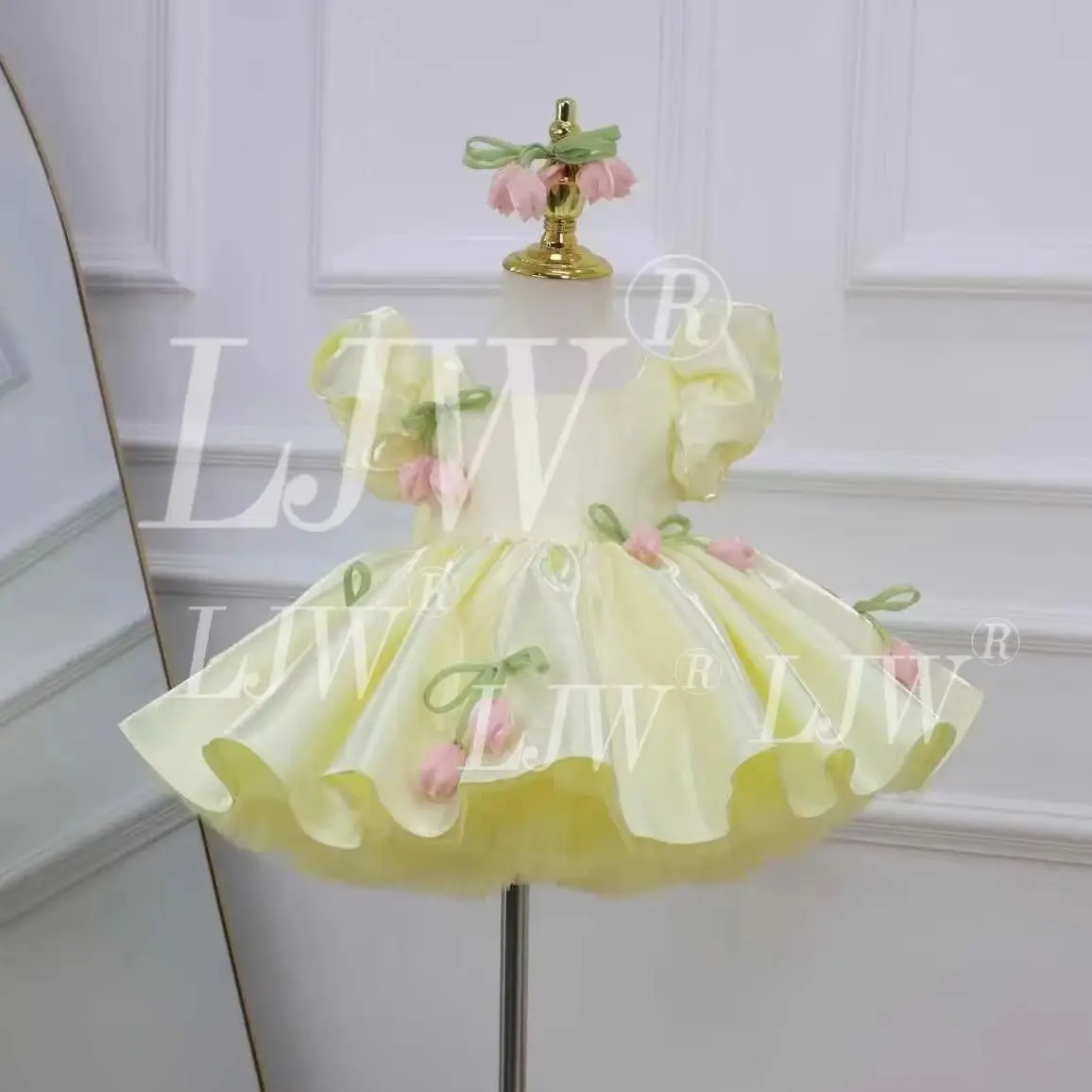 Girl Yellow Tutu Dress Tulip Appliques Puff Sleeve Princess Dress Baby Shower Birthday Party Wedding Pageant Ball Gown For Kids