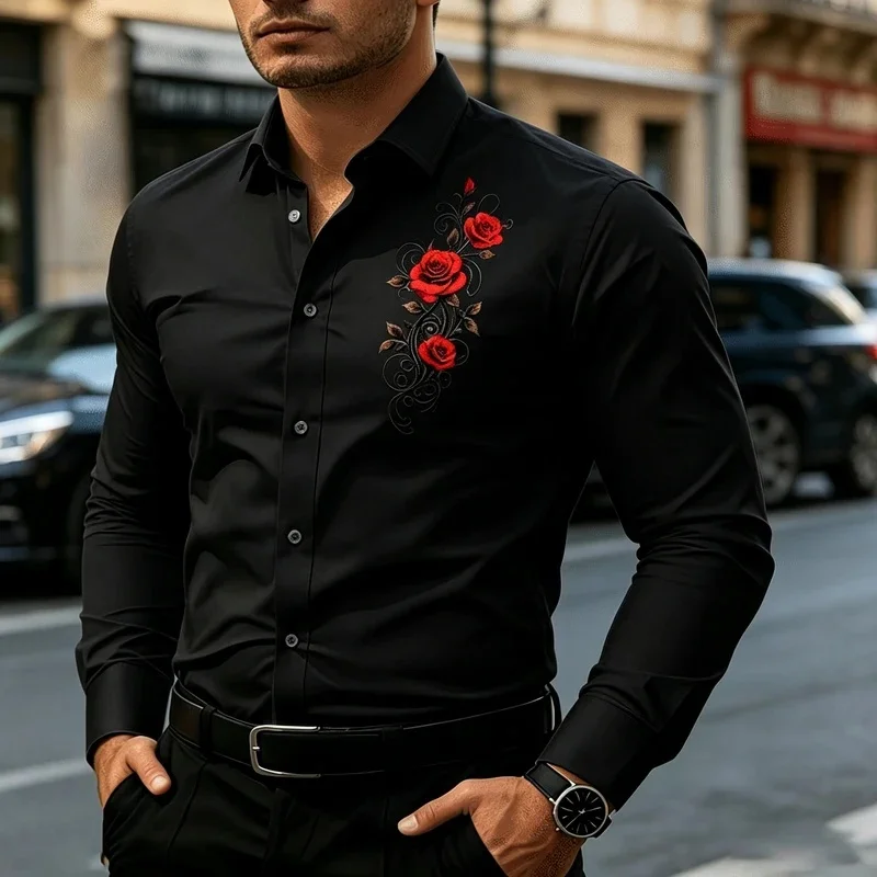 Gentle light pink base retro red rose vine print shirt men's slim fit long sleeve trendy youth versatile top
