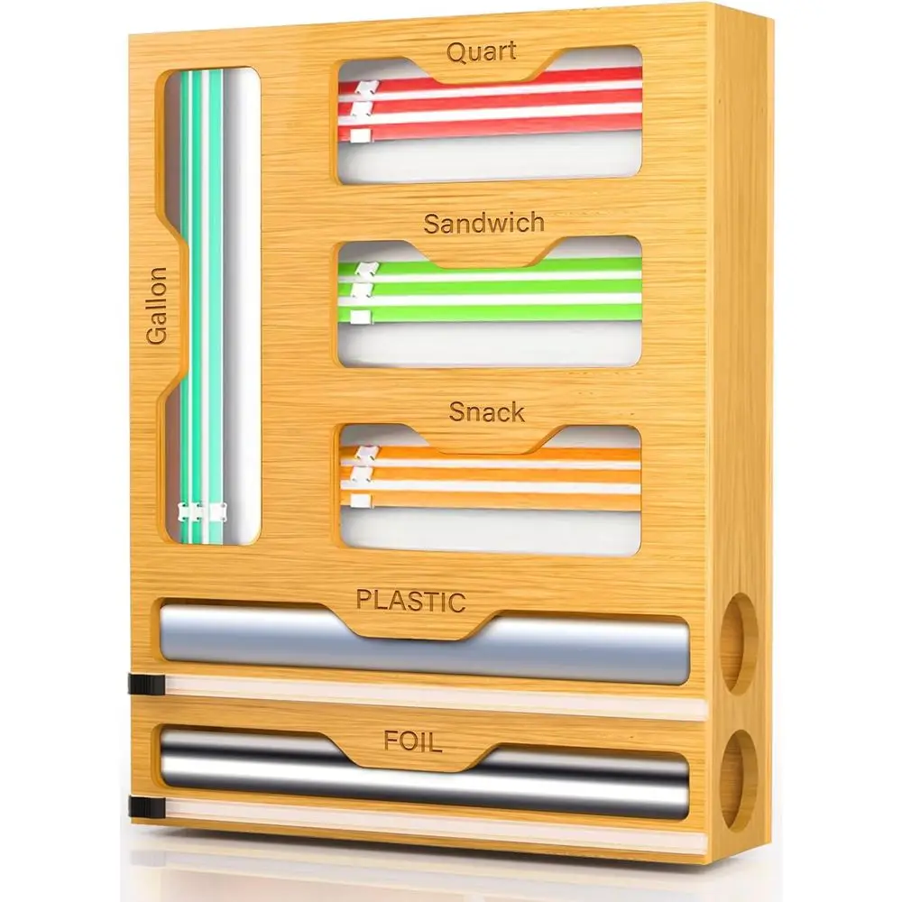 

Bag Organizer and Plastic Wrap Dispenser with Cutter, 6 In 1 Bamboo Foil and Plastic Wrap Organizer for Kitchen Drawer, Food Sto