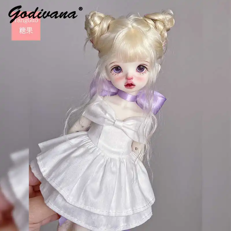1/6 BJD Doll Clothes Sweet Elegant White Mini Dress Set Satin Bow Choker Shoulder Decor Asymmetrical Lace Socks for 1/6 BJD Doll