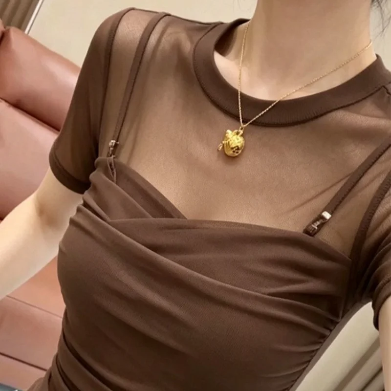 Unique Beautiful Spliced Mesh Short Sleeve T-Shirt French Style Slim Fit Breathable Summer Top for Women Girl Daily Wear