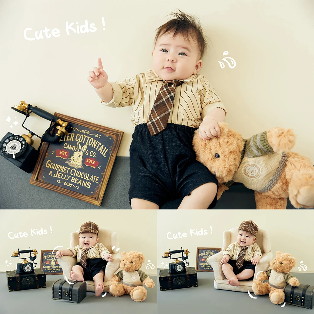 

100 Days Infant Photography Props Retro British Style 3-4 Month Baby Costume Kit Teddy Bear Doll Props Studio Photo Accessories