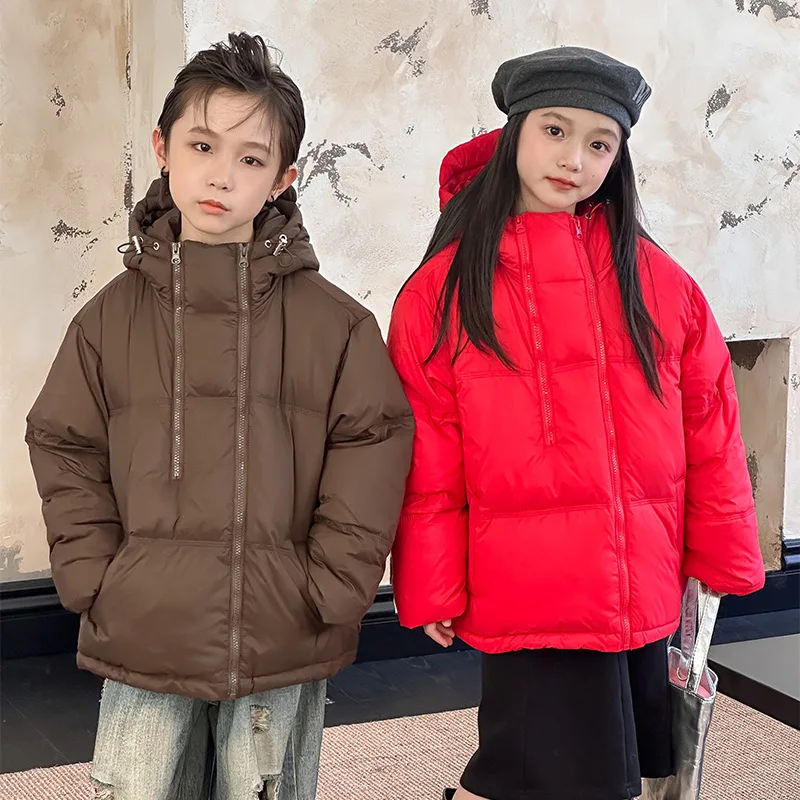 4-14Y Girls Winter Thicken Bread Jacket Double Zipper Solid Hooded Kid Boys Outerwear Elastic Cuffs Hooded Drawstring Girls Coat