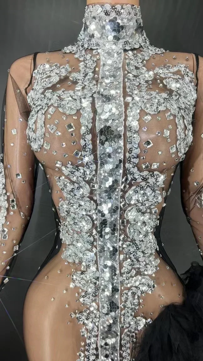 Feiern Sie Geburtstags kleid Performance Show Bühnen kleidung funkelnde silberne Pailletten Langarm weiß Mesh Spitzen kleid sexy Split Abend