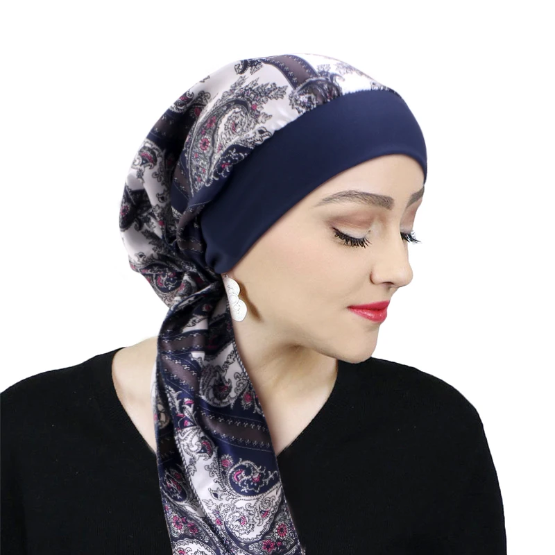 Gedruckt Pre-tie Kopftuch Frauen Elastische Muslimische Weibliche Turban Krebs Chemo Hut Haarausfall Abdeckung Kopf Wrap Kopfbedeckung Stretch Bandana – Detail 11