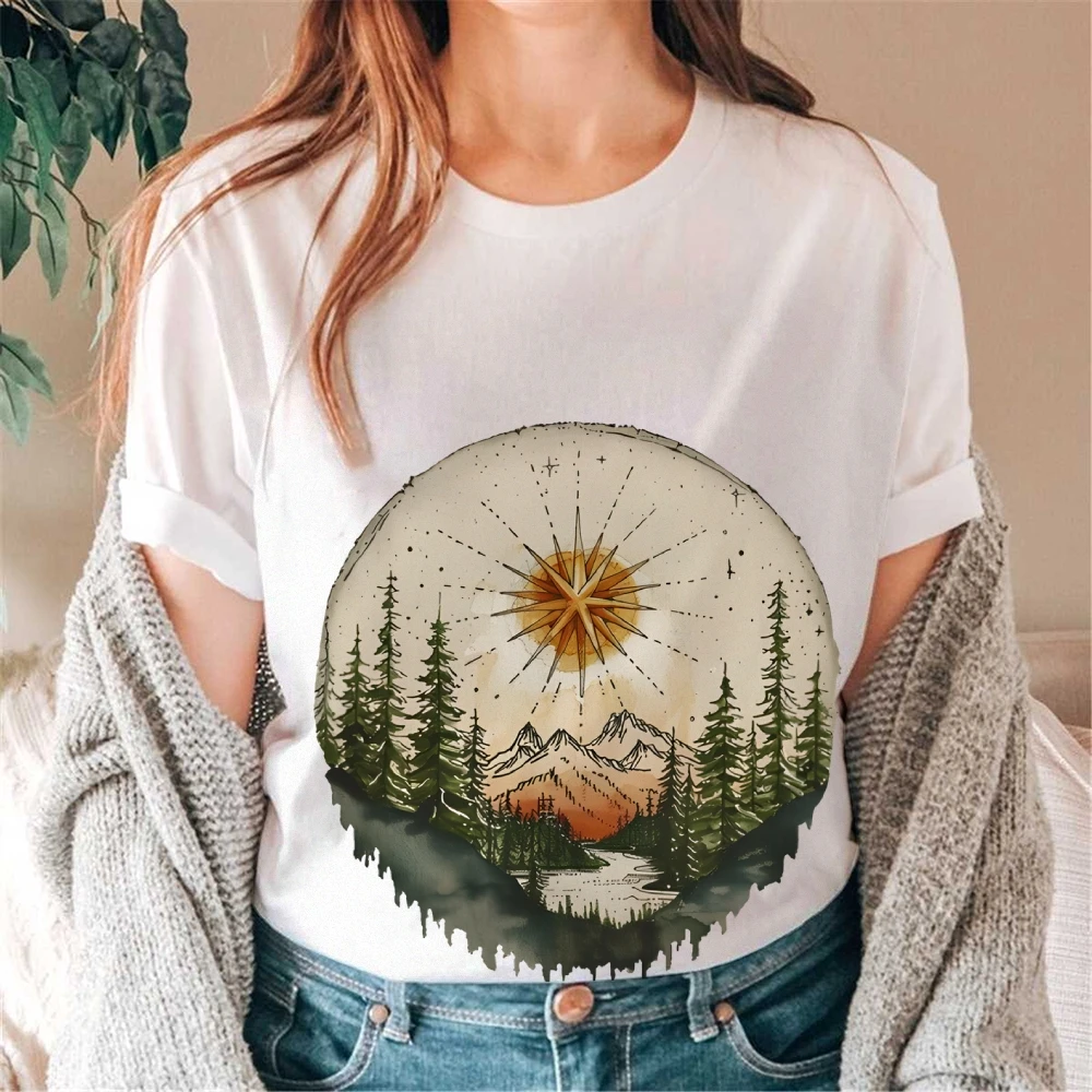 

Y2K Graphic T-shirt, Mountain and Forest Scene Print, Majestic, Serene and Natural, Soft Fabric for Outdoor-Themed Casual Looks