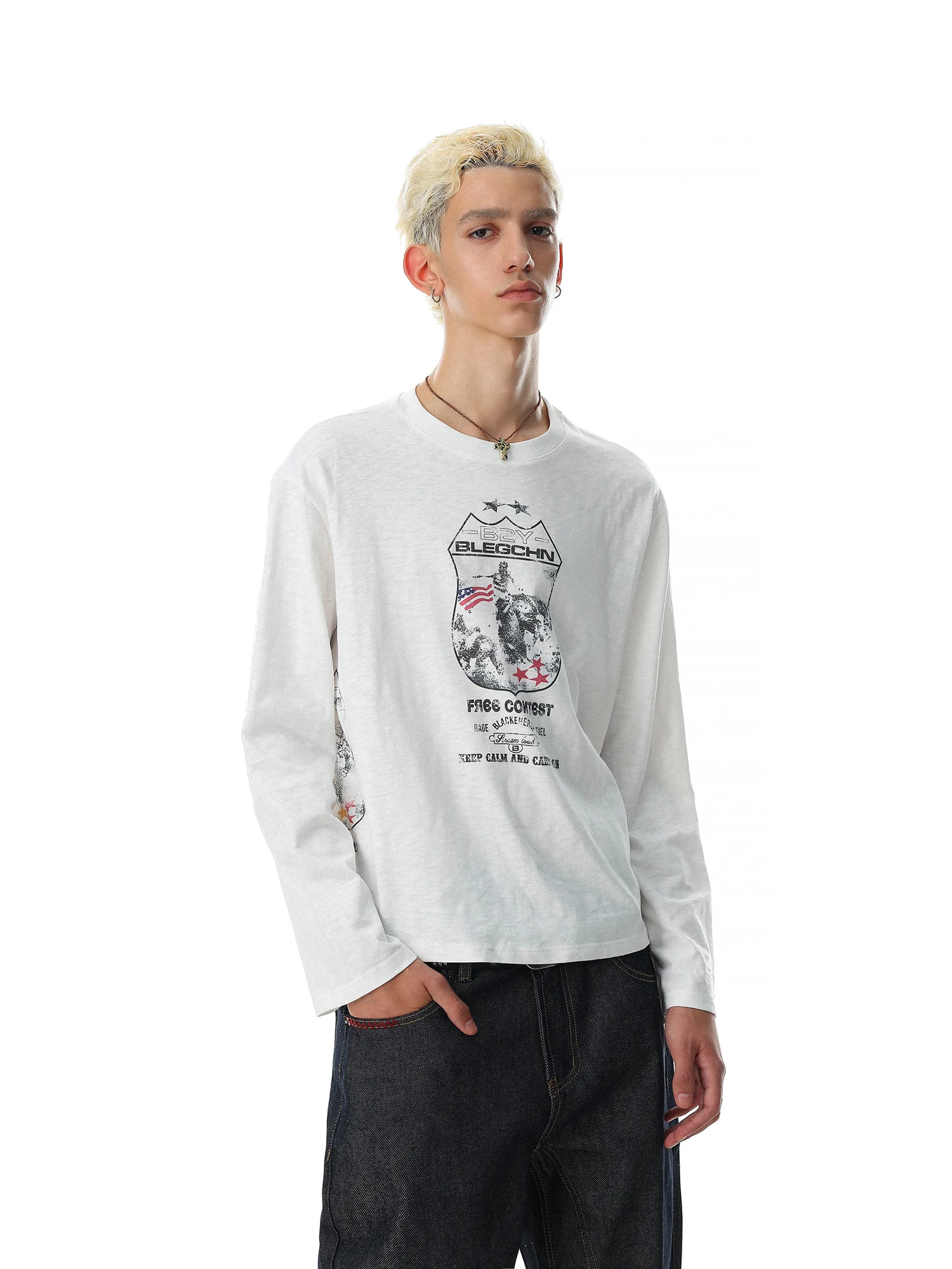 Loose Fit Long Sleeve T-Shirt round Neck Unisex Vintage Print Comfortable Breathable Cotton Top for Men And Women