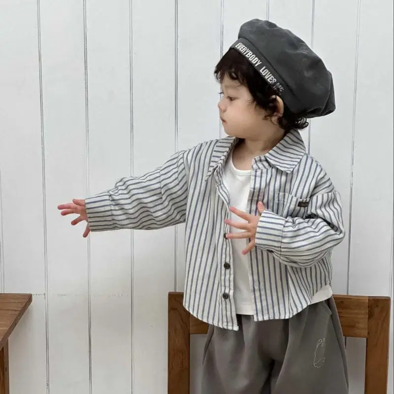

Toddler Boys Loose Striped Shirts Kids Girls Lapel Casual Coat Infant Clothes 2025 Autumn New Baby Long Sleeve Shirts Cotton