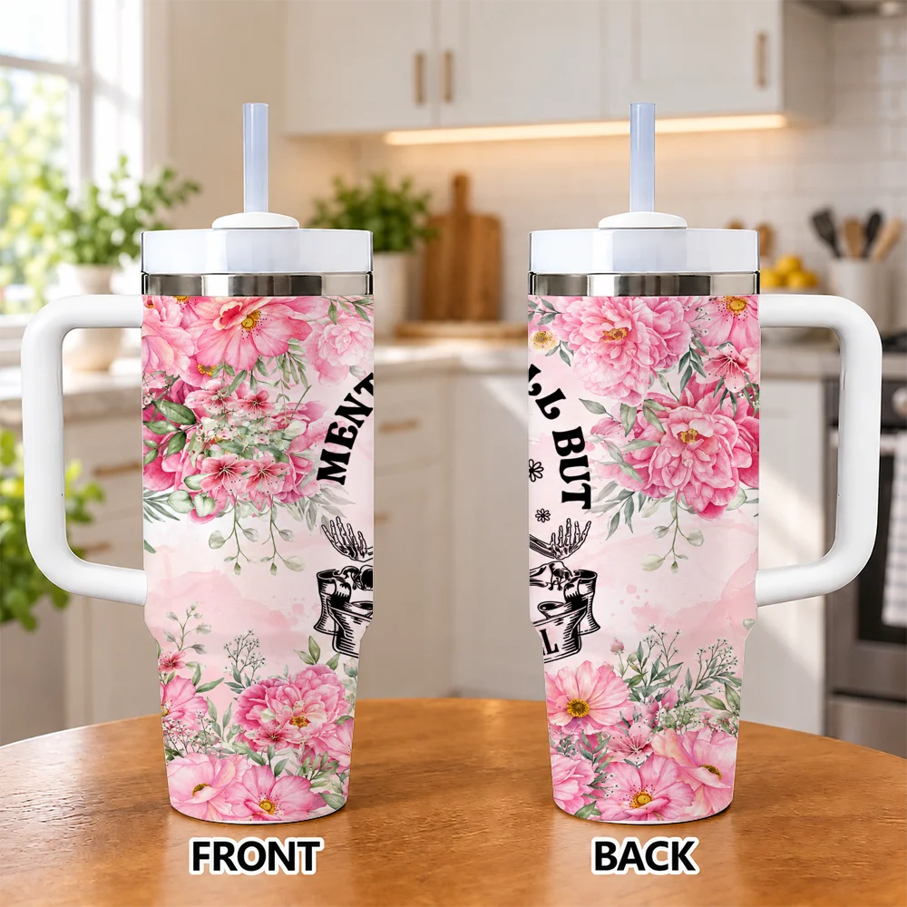 Mentally ill but totally chill Vacuum Flasks 40oz Insulated Stainless Steel Tumbler with Handle & Straw, Hot Cold Gift Cup