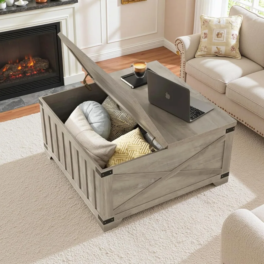 

Farmhouse Coffee Table with Storage, 35.4 Square Center Table with Hinged Lift Top, Vintage Wood Cocktail Table