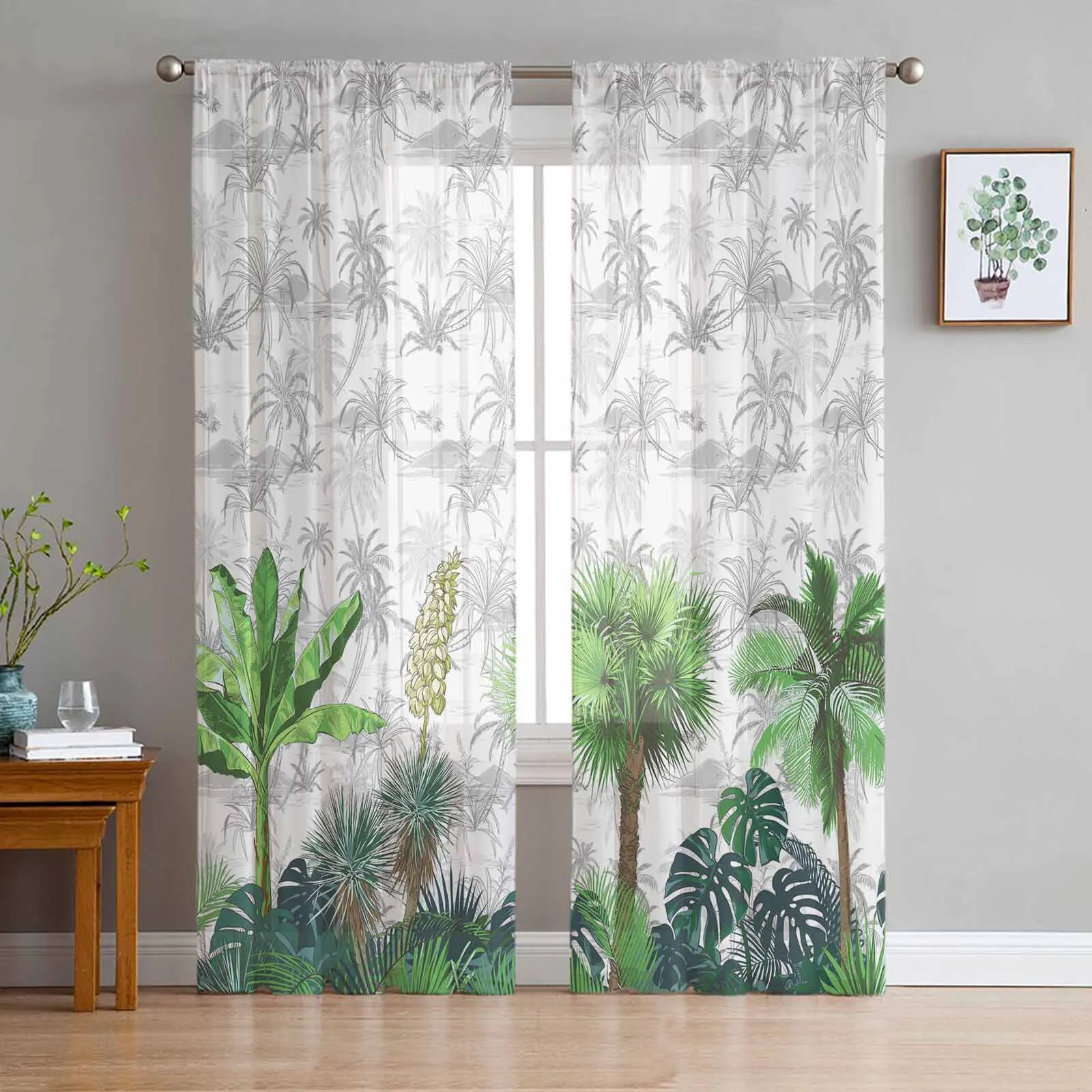 Tropical Plant Palm Tree Sheer Tulle Curtains for Living Room Valance Curtains Kitchen Bedroom Window Voile Drapery