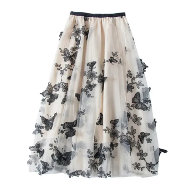 Long Tulle Skirt Women Vintage Butterfly Embroidery Elastic High Waist A-Line Mesh Pleated Skirt Female Midi Skirt Faldas A111