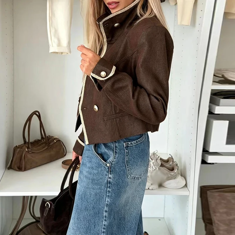Office Lady Single Breasted Short Outerwear Daily Vintage Streetwear Coat Color Blocked Stand Collar Long Sleeved Autumn Jacket