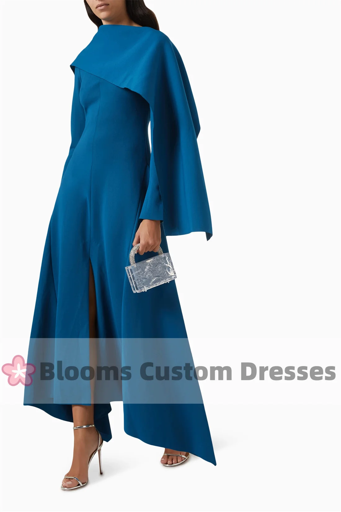 Blooms Customized Long Sleeves Evening Dresses Ankle-Length Formal Party Gown Chic Peacock Green Blue Wedding Prom Dress