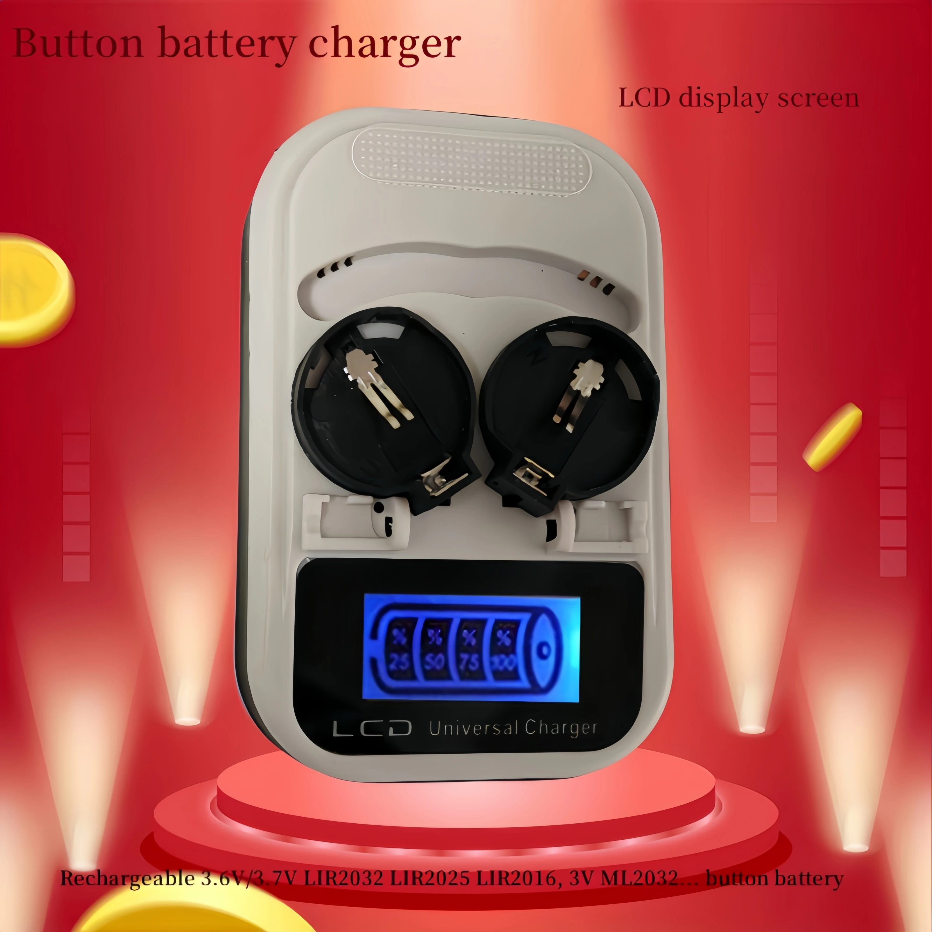 Button battery charger LCD display screen Rechargeable 3V ML2032, 3.6V/3.7V LIR2032 LIR2025 LIR2016 button battery