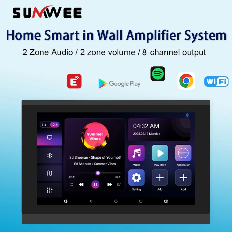 บ้านสมาร์ท Auido ในเครื่องขยายเสียงติดผนัง 8x30W WIFI พื้นหลังเครื่องเล่นเพลงระบบบลูทูธเสียงหน้าจอสัมผัสแผงควบคุม