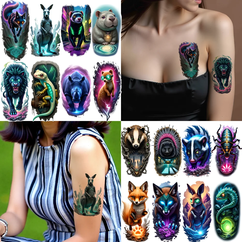 

12pcs Temporary Tattoo Neon Animals Waterproof Long-lasting Body Stickers Futuristic Creatures Colorful Realism For Adults