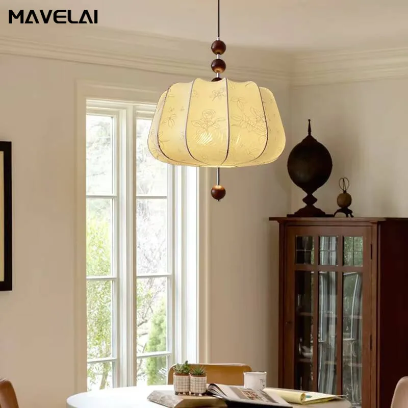 New Chinese Style Medieval Style Bedroom Pendant Lamp Wabi-sabi Style Retro Solid Wood Study Lamp Pattern Fabric Indoor Lighting
