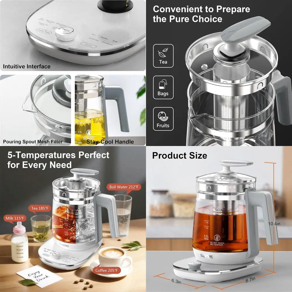 

1.5L Borosilicate Glass Electric Kettle - Auto Shut-Off, BPA-Free, Stainless Steel, White, 1200W for Hot Water and Tea