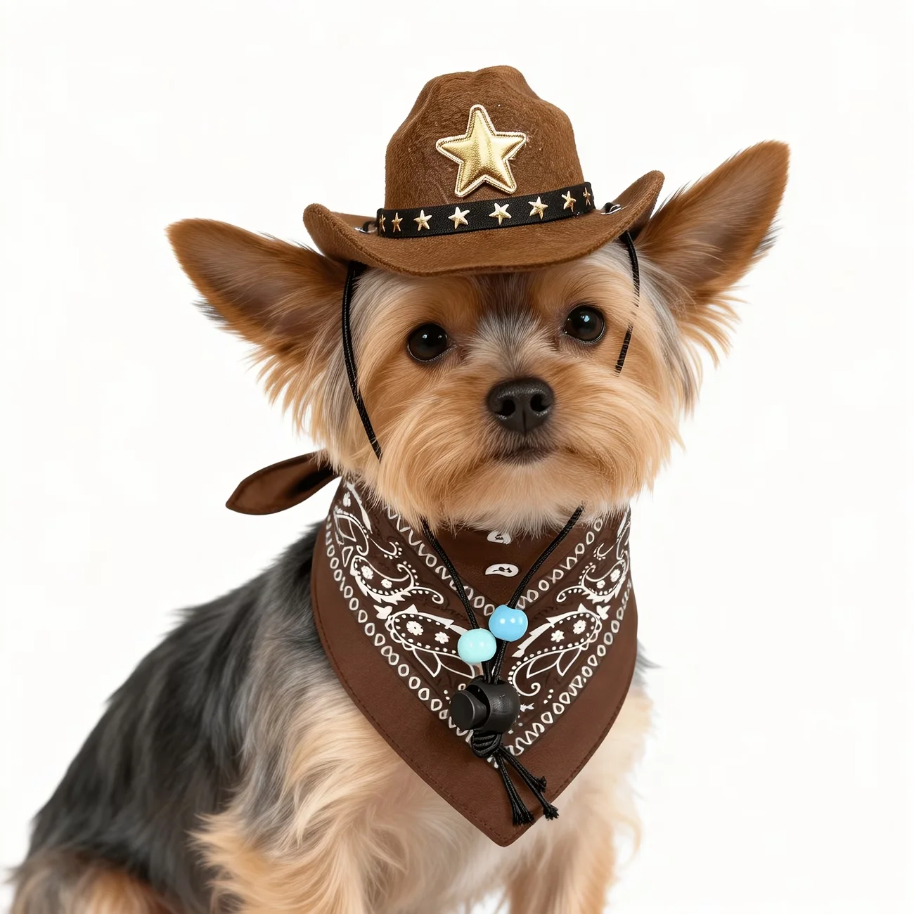 2-teiliges Western-Cowboy-Haustierkostüm-Set, maschinenwaschbar, verstellbarer Riemenhut, Retro-Braun-Bandana für kleine und mittelgroße Hunde, Welpen-Set – Detail 4