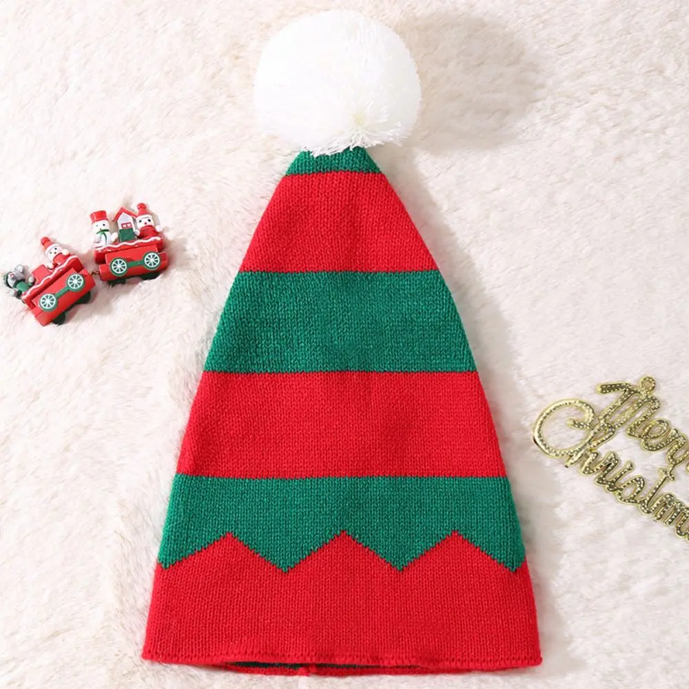 Strip Knitted Christmas Hat Cloth Accessories Cartoon Plush Ball Soft Beanie Muffler Knitting Santa Hat Winter&Autumn