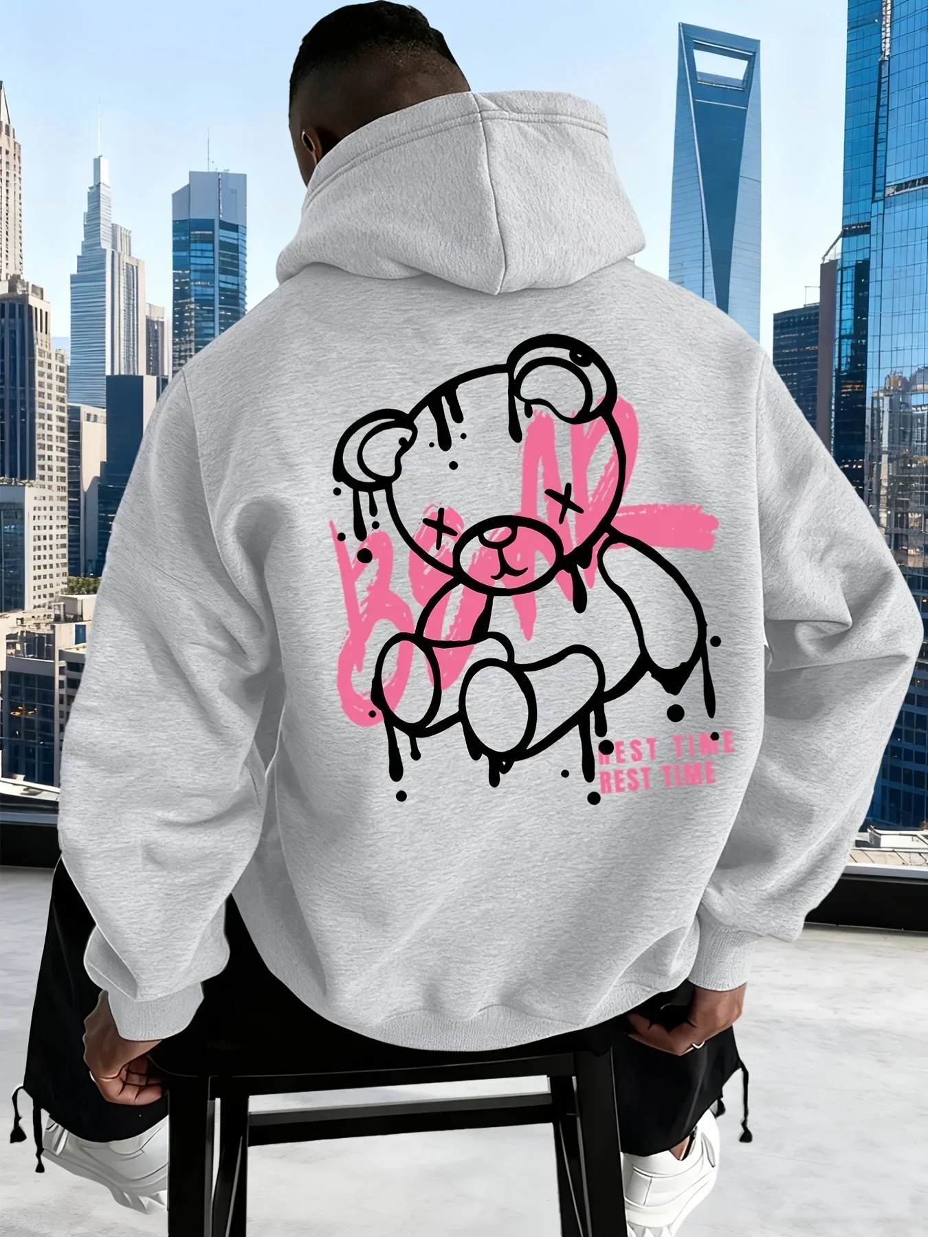 Graffiti Doodle Bear Hoodie Rest Time Letter Graphic Sweatshirt Unisex Pink White Contrast Streetwear HoodedPullover Trendy Tops