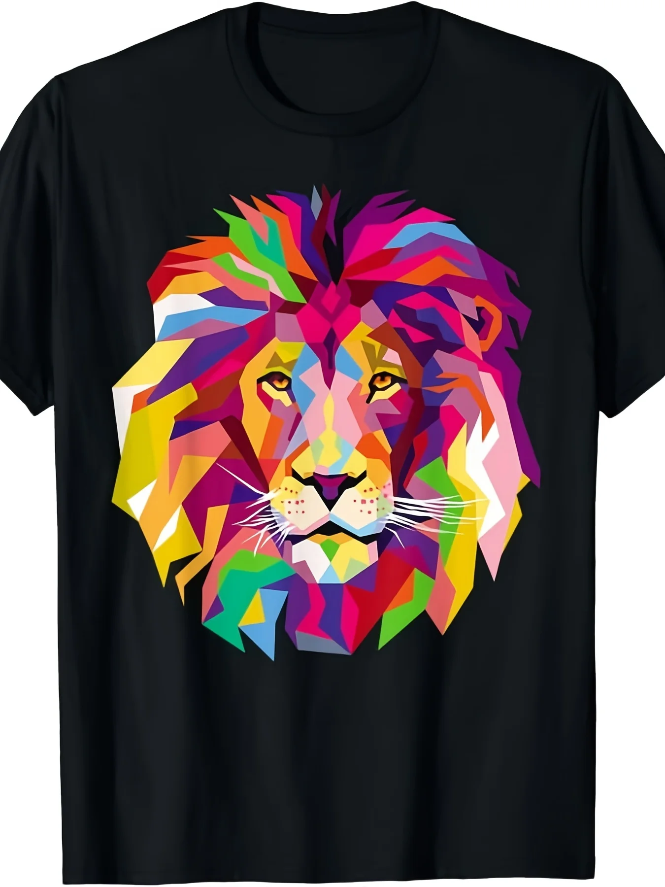 Cool Lion Head Design |   Bright Colorful T-Shirt, Same Style for Men and Women, Summer, Short-Sleeved, Printed, Pure, Crew Neck, All-Season, Vintage Style, Regular Fit
