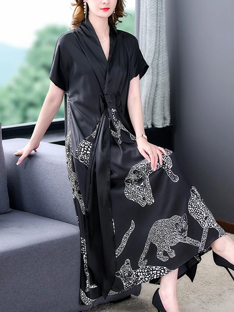 Summer Black Print Natural Silk V-Neck Midi Dress Women Short Sleeve Elegant Bodycon Dress 2024 Korean Vintage Hepburn Vestidos