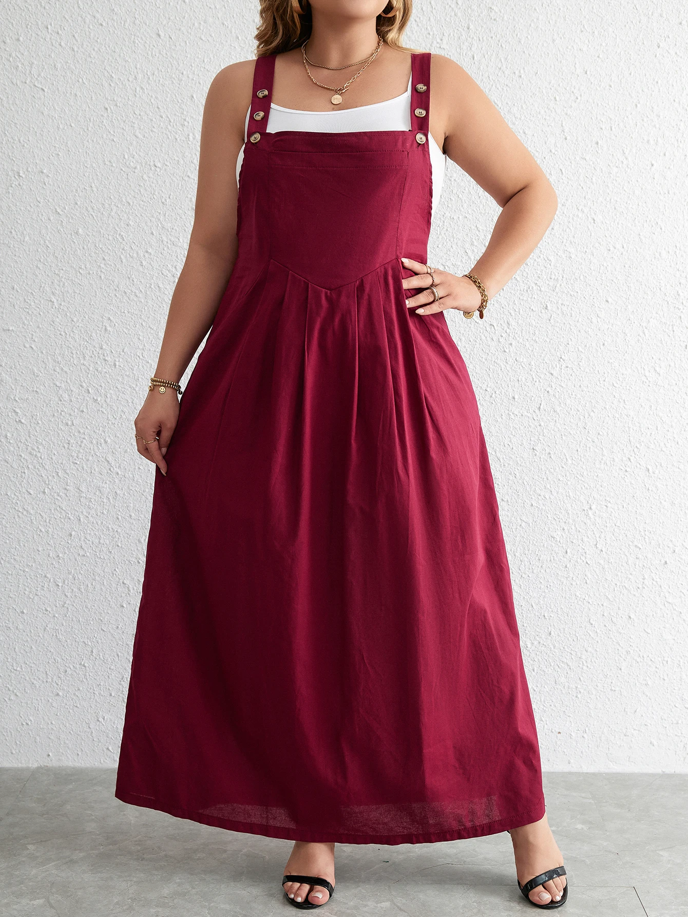 Plus Size Cotton Dress Woman 2024 Summer Sleevless Solid Casual Strap Tank Dress Red Pockets Big Curvy Size Maxi Long Dresses