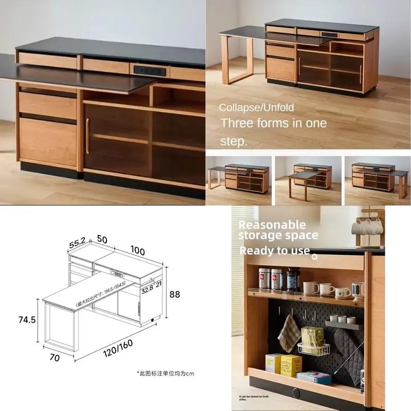 Small Solid Wood Modern Rotating Island Dining Table with Rock Slab Bar and Retractable Storage Space