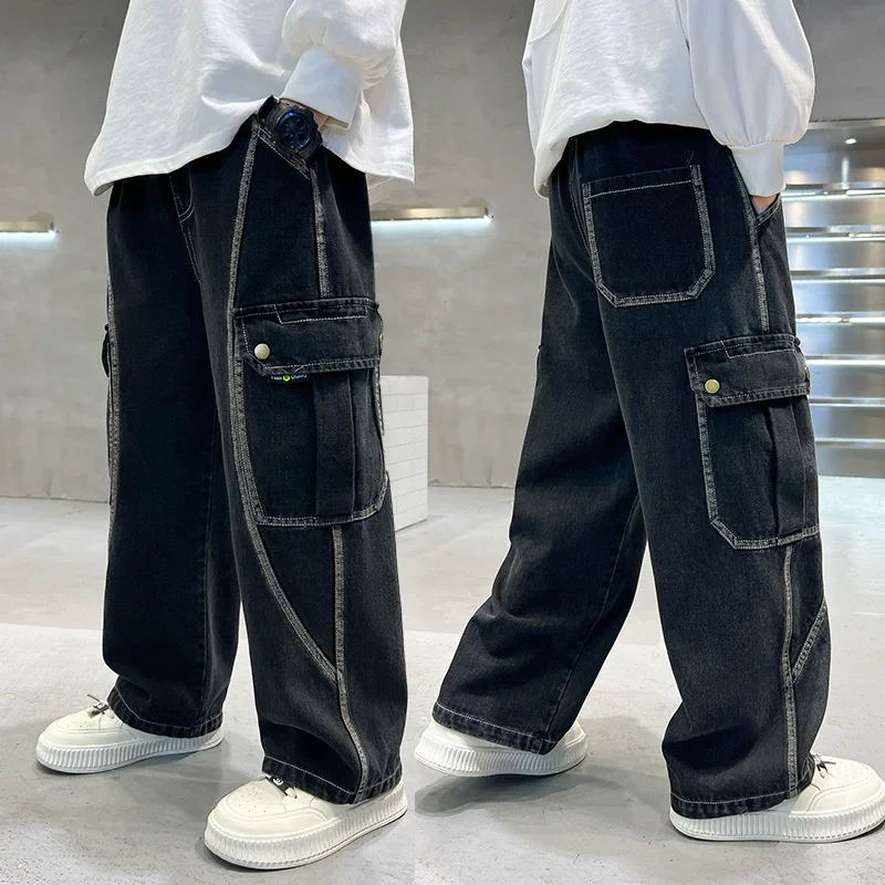 New Boys\' Straight Leg Cargo Jeans Teenage Children Wide Leg Denim Pants for Kids Loose Pockets Trousers Spring Autumn 5 -15Yrs
