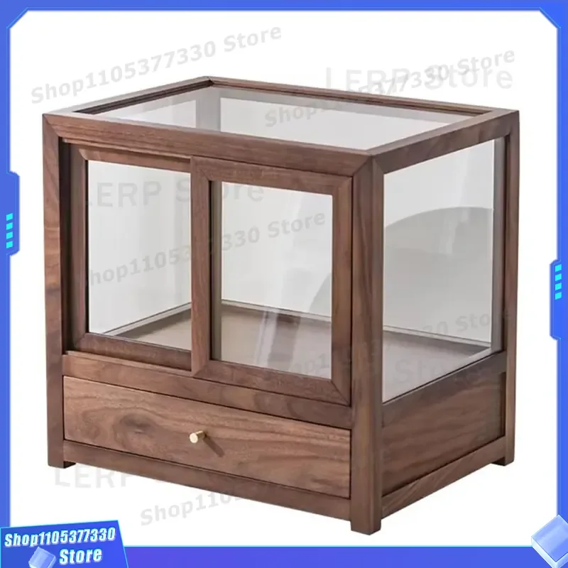 Solid Wood Walnut Tea Set Display Box Transparent Dustproof Storage Cabinet Desktop Cup Holder Rack for Kitchen Organization