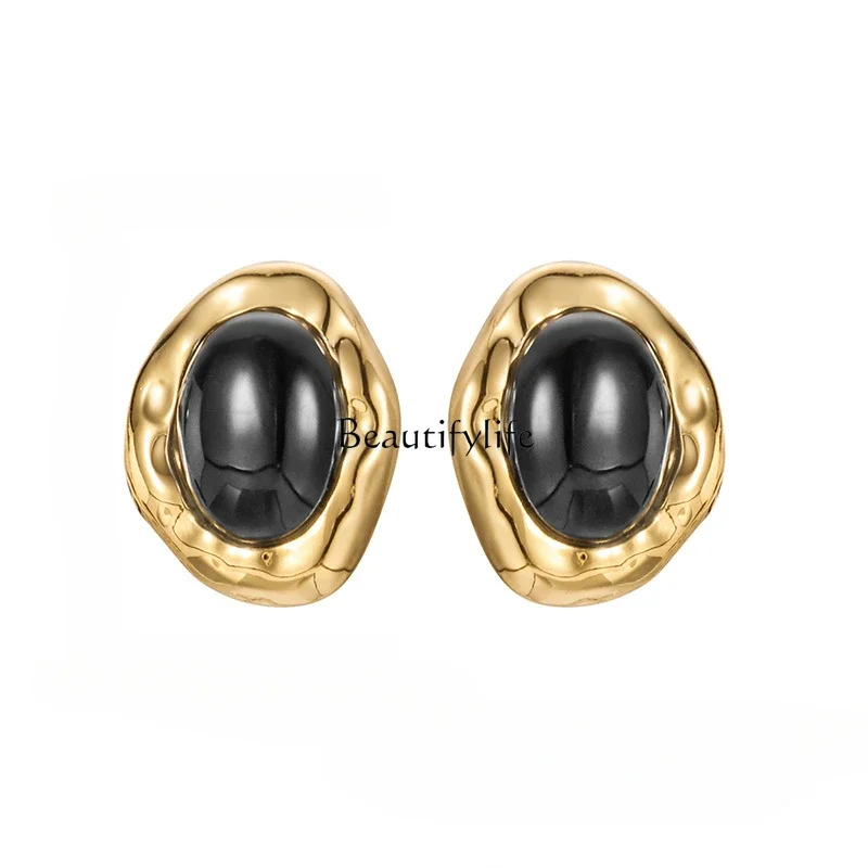 

Black with gold earrings European and American popular color scheme metal irregular shape three-dimensional dripping oil