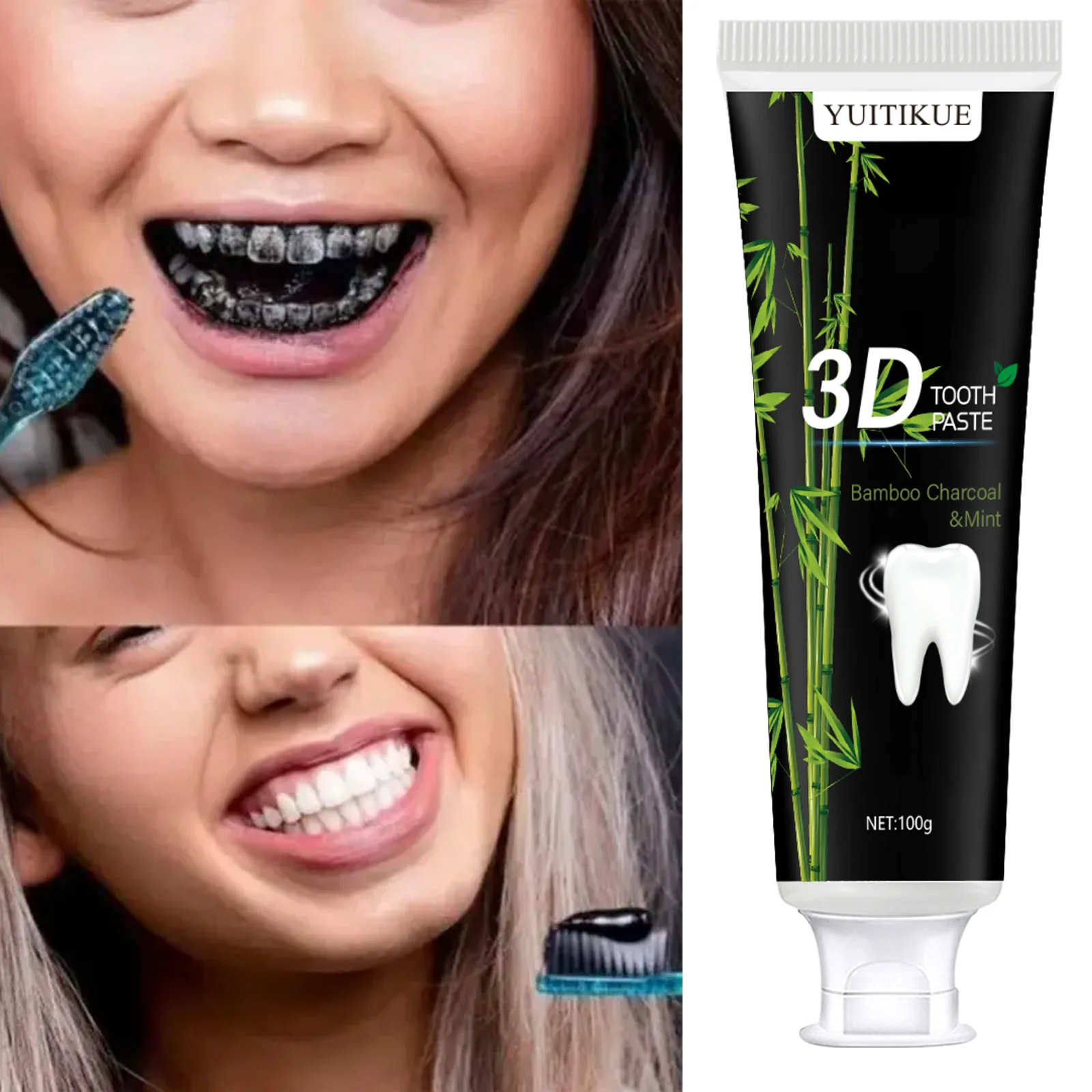 YUITIKUE 3D Bamboo Charcoal Toothpaste, Activated Carbon Purification, Teeth Cleaning & Fresh Breath, 100g