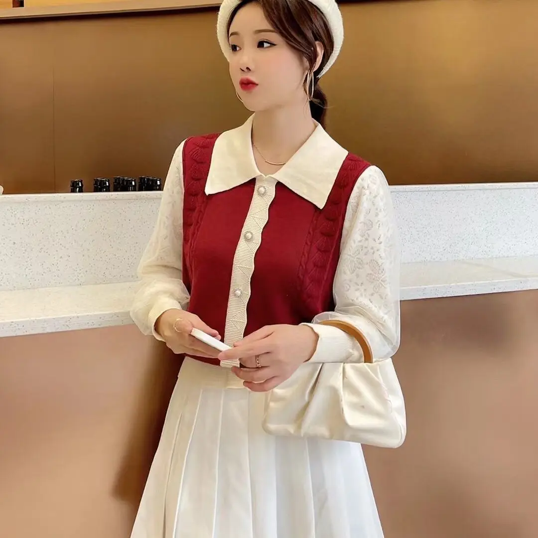 Camisola de malha feminina pullovers nova manga longa gola boneca retalhos camisola de malha pulôver feminino topos sueters de mujer q1179