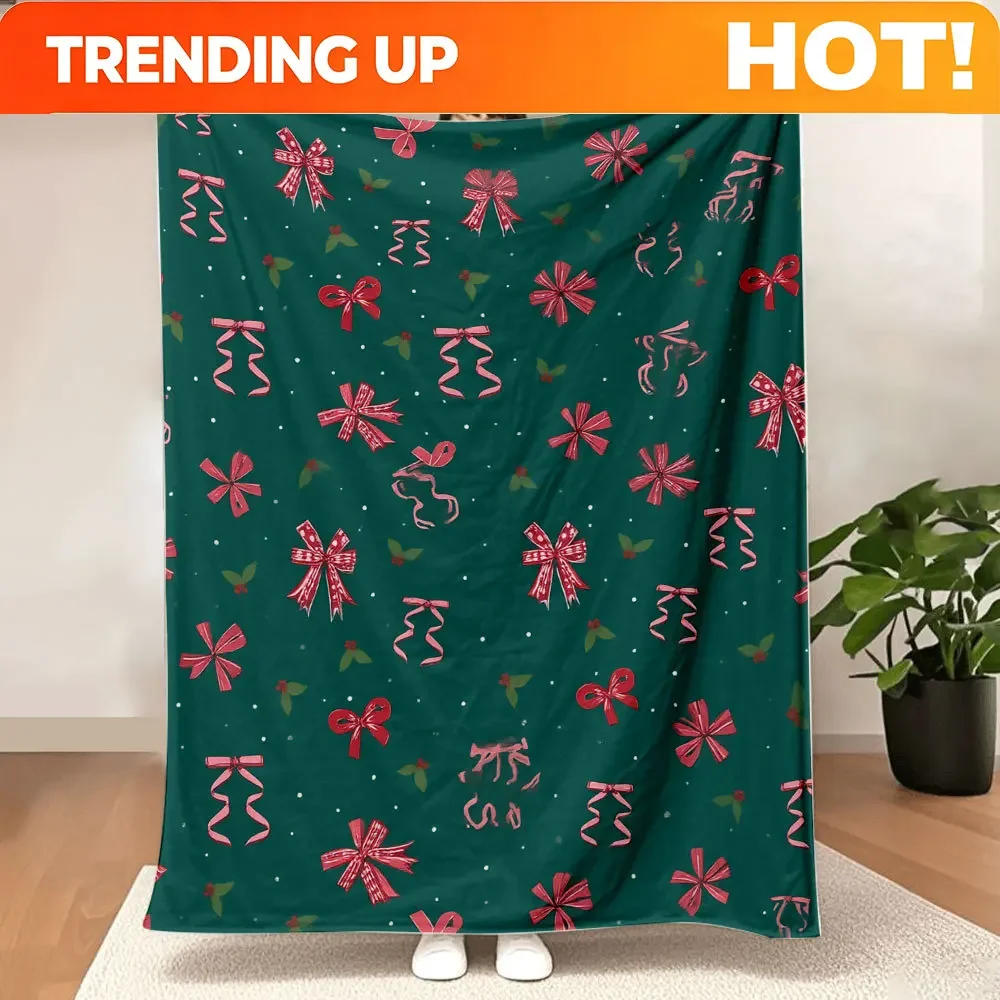 Customization Teal Christmas Blanket - Whimsical Holiday Throw With Red/Pink Bows, Holly Leaves, And White Dots, Soft Cosy Print