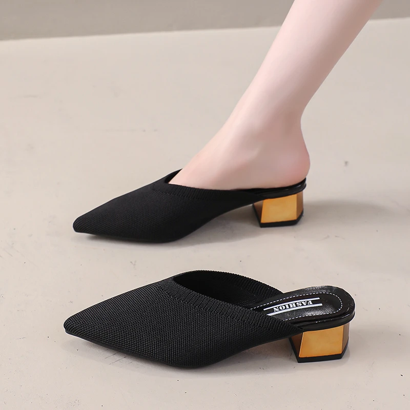 Summer And autumn Popular Fashion Pointed toe Knitted elastic Retro Wrap head half slippers Versatile thick heel cool Slippers