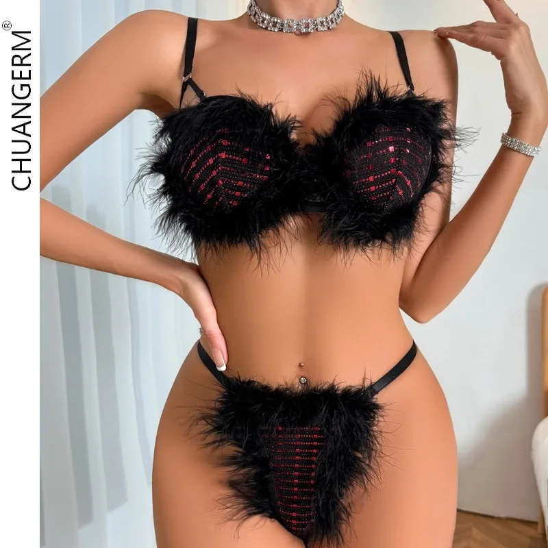 

CHUANGERM 18 Sexy Feather Charm Lingerie 2-Piece Women's Underwear Set Sissy Onlyfans Kit Tempt Valentine Exotic Set New Fashion