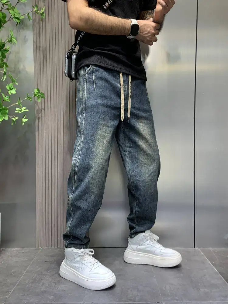 Casual Straight Leg Men's Jeans Trendy Brand Spring Autumn Loose Fit Drawstring Design Sensation Nine Points Long Pants