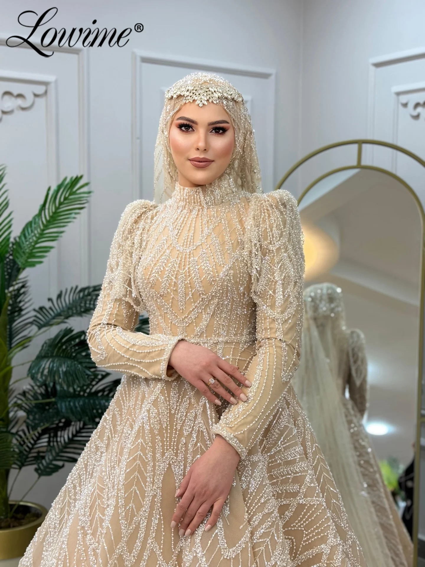 

Элегантное вечернее платье с массивными жемчужинами, винтажное, цвета шампань, с длинными рукавами, А-силуэт, мусульманские праздничные платья, индивидуальный пошив, арабские выпускные платья из Дубая