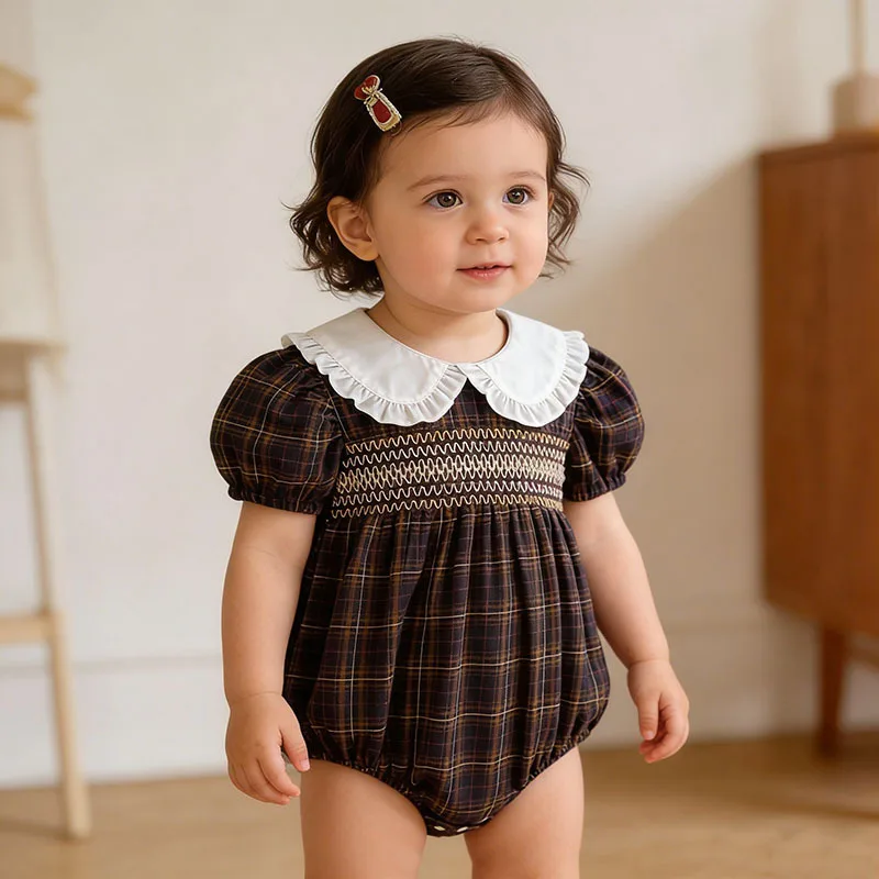

Летний комбинезон для новорожденных девочек с воротником-стойкой, плиссированный, с коротким рукавом, в клетку, в испанском стиле, милый и мягкий наряд