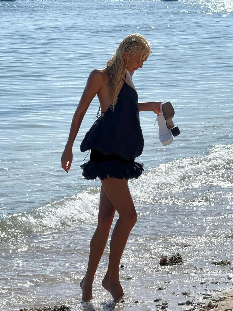 2025 nuevo vestido Sexy Irregular para vacaciones de verano para mujer, minivestido recortado con espalda descubierta y pliegues, vestido de lujo para fiesta en la playa y Club