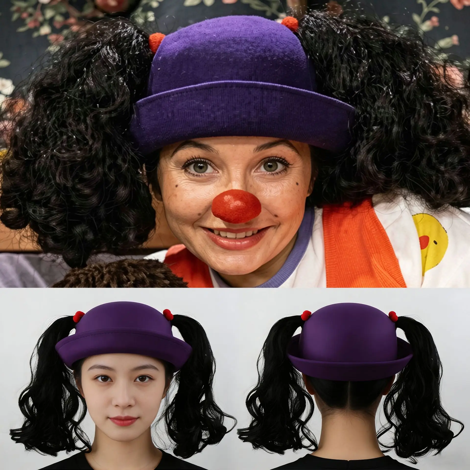 Purple Bowler Hat Styling Synthetic Black Wavy Curly Twin Pigtails Wig Clown Cosplay Halloween Party Costume Role Play
