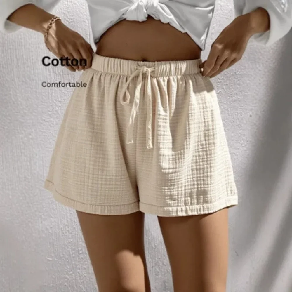 Women New Summer Linen Bermuda Shorts Solid Color Loose Drawstring Waist Elegant Casual Beach Breathable Vacation Bottom