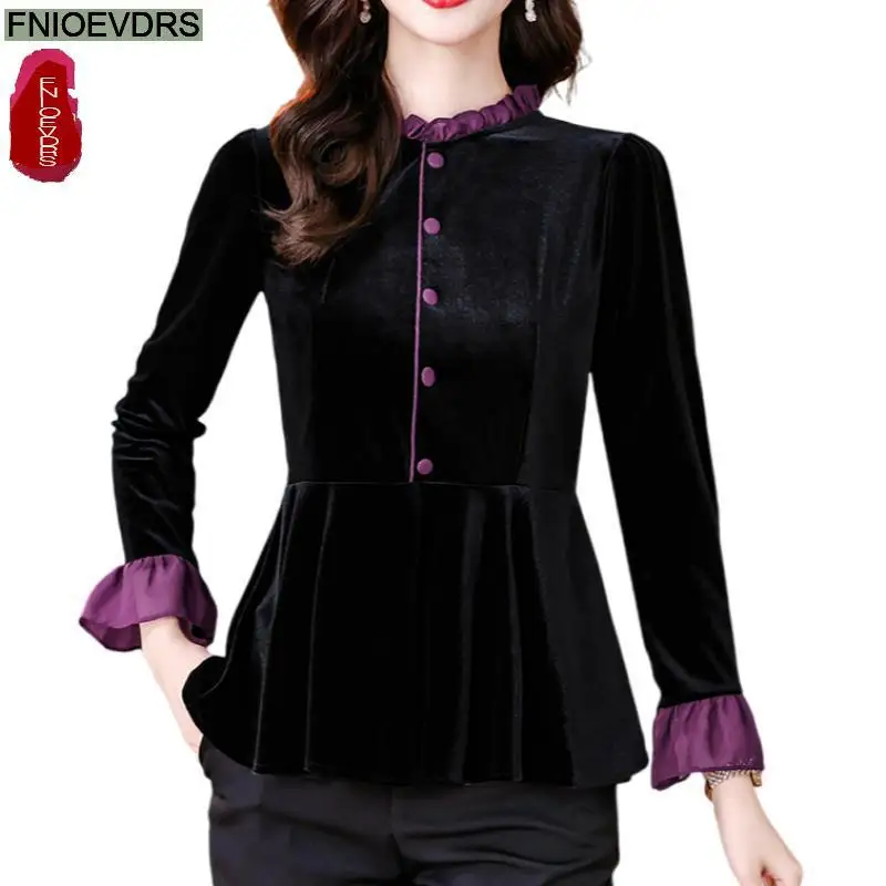 New Year Hot Black Velvet Top Basic Wear Women Autumn Winter Elegant Office Lady Button Shirts Retro Vintage Peplum Tops Blouses