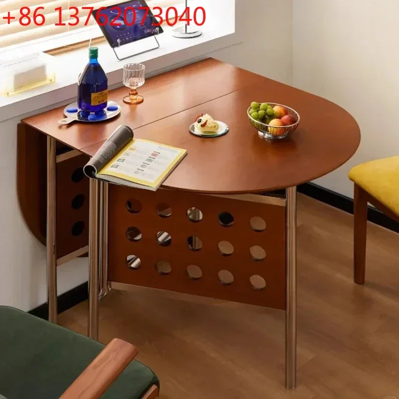 

Round Home 304 Stainless Steel Solid Wood Folding Retractable Oval Dining Table Portable Corner Tables Dining Room Furniture