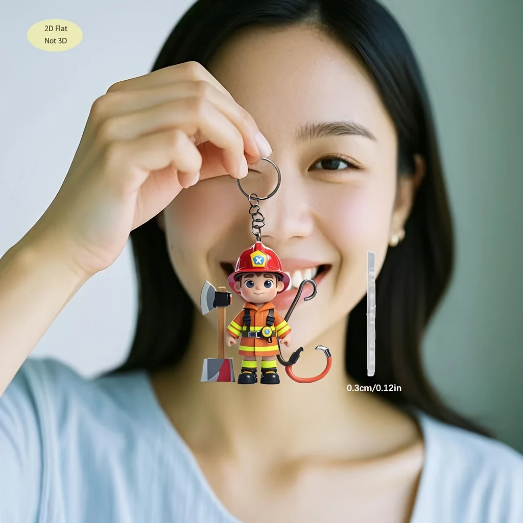 2D Cute European Firefighter with Axe & Hook Playful Design Acrylic Keychain Christmas Gifts Festive Keychain Party Decoration