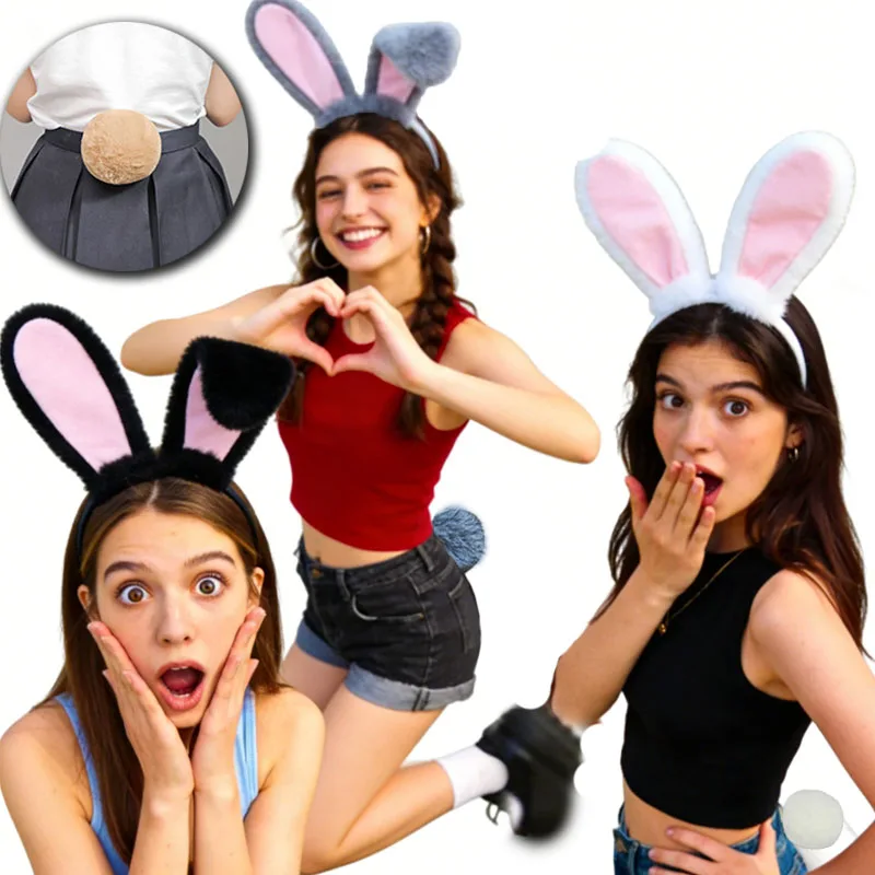 

4pcs Rabbit Ear Tail Sets Girl Plush Headband Upright Lop Ears Furry Tail Kawaii Bunny Cosplay Costume Accessories Easter Party